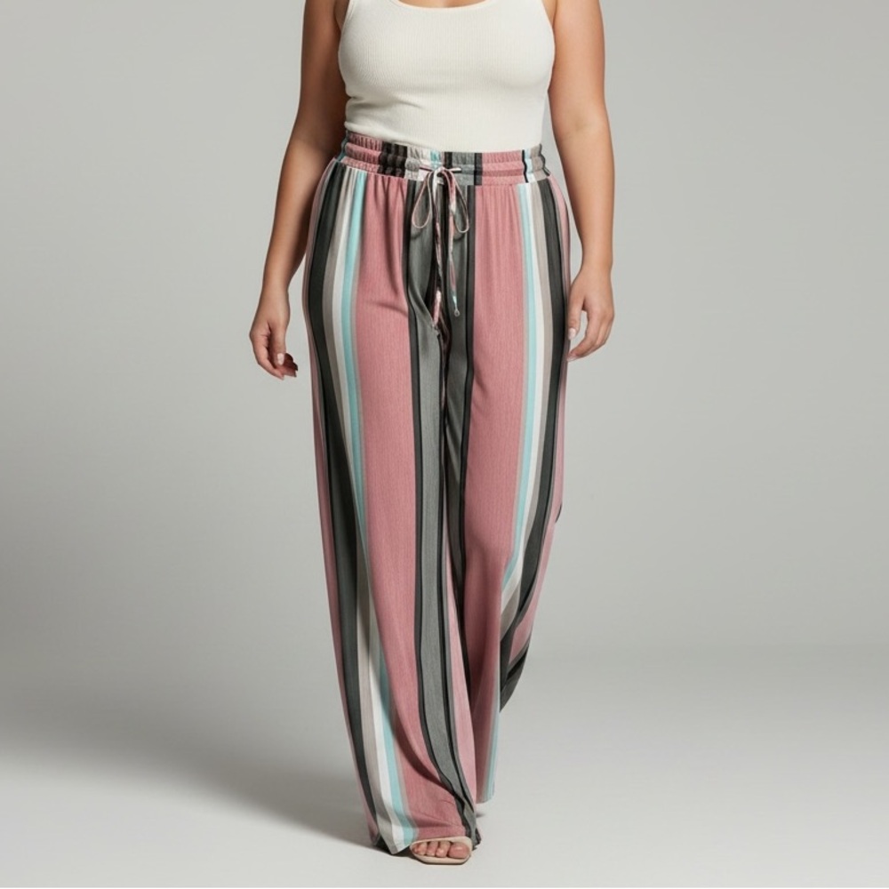 Perfectly Priscilla Coral, Teal, Brown Striped Wide-Leg Pull On Pants NWT 18
